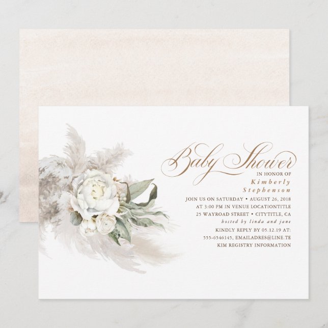 White Flowers Pampas Grass Greenery Baby Shower Invitation (Front/Back)