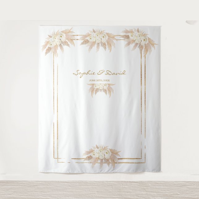 White Flowers Pampas Grass Photo Booth Wedding Tapestry (Front)