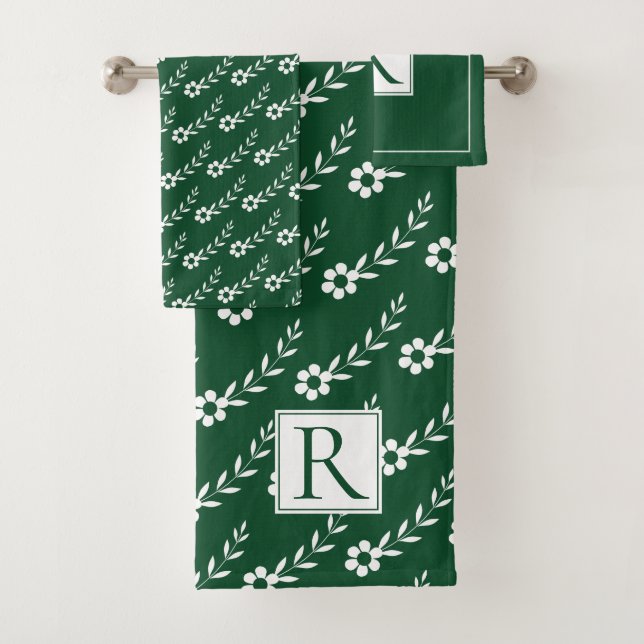 White flowers pattern and monogram emerald green bath towel set (Insitu)