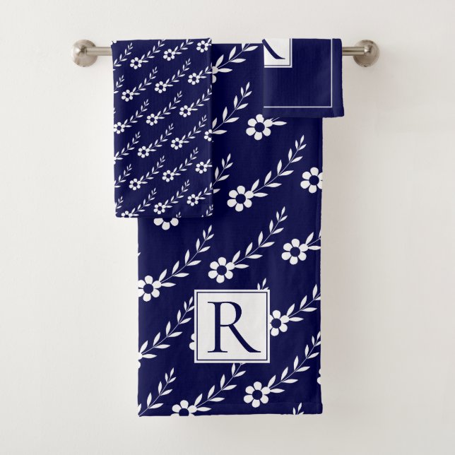 White flowers pattern and monogram navy blue  bath towel set (Insitu)