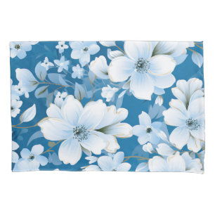 white flowers pattern, blue background, pillowcase