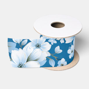 white flowers pattern, blue background, satin ribbon