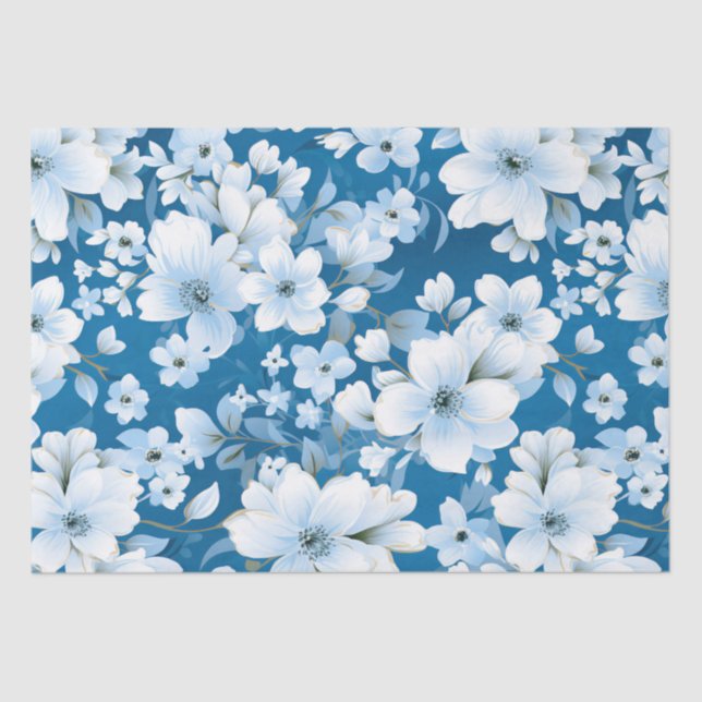 white flowers pattern, blue background, tissue paper (Front)