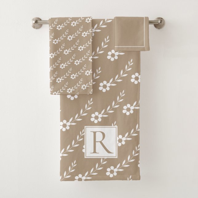 White flowers pattern, monogram rustic taupe bath towel set (Insitu)