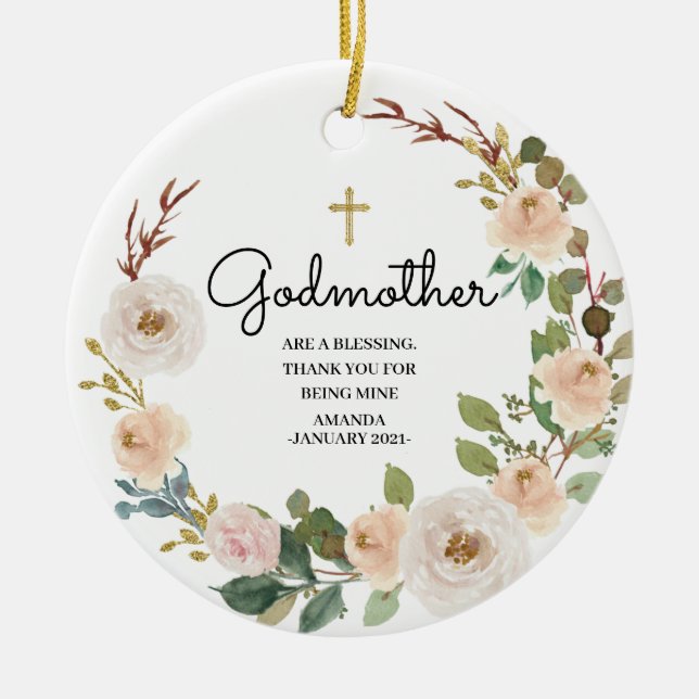 White Flowers Personalised Godmother ornament (Front)