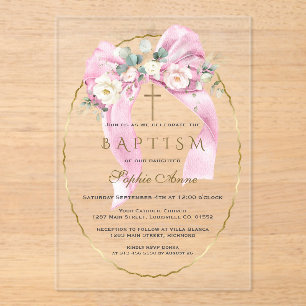 White Flowers Pink Bow Girl Baptism Transparent Acrylic Invitations