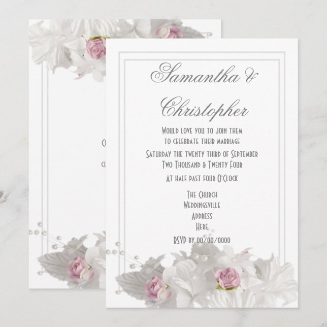 White flowers plain minimal wedding invitation (Front/Back)