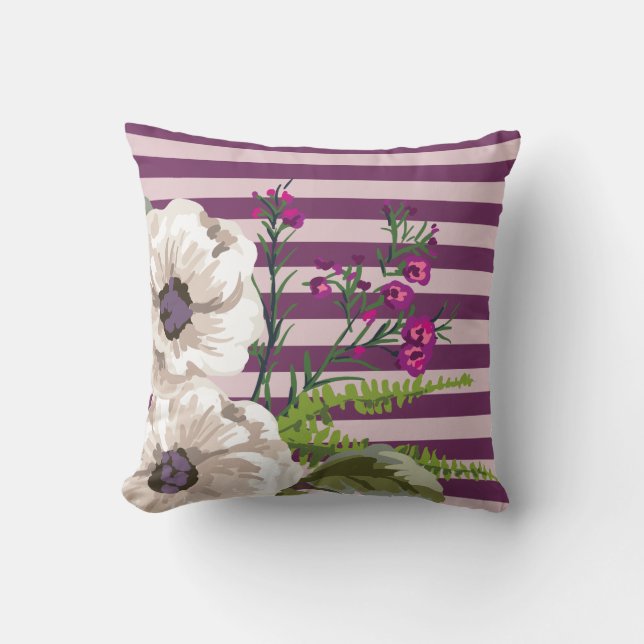 White Flowers Plum Stripes Throw Pillow (Front)