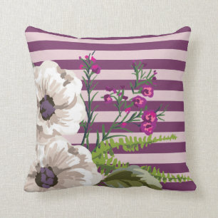 White Flowers Plum Stripes Throw Pillow