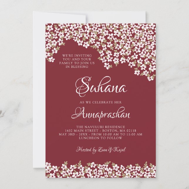 White Flowers Red Annaprashan Invitation (Front)