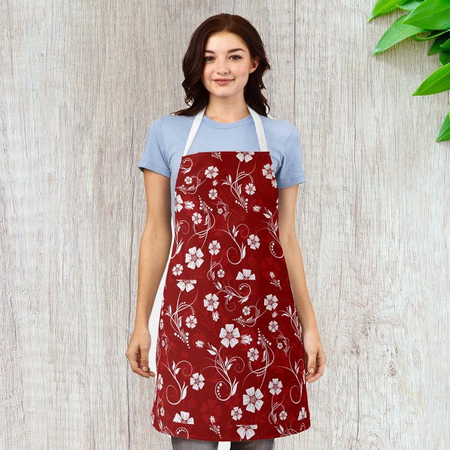 White Flowers Red Background Apron (Creator Uploaded)