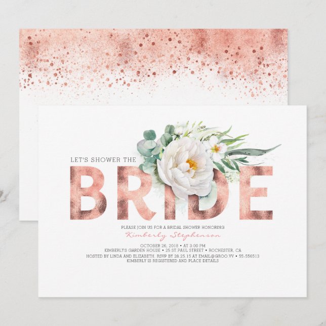 White Flowers Rose Gold and Greenery Bridal Shower Invitation (Front/Back)