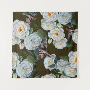 White flowers rose with leaves drawing in pastel.  tapestry