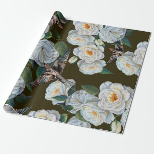 White flowers rose with leaves drawing in pastel.  wrapping paper