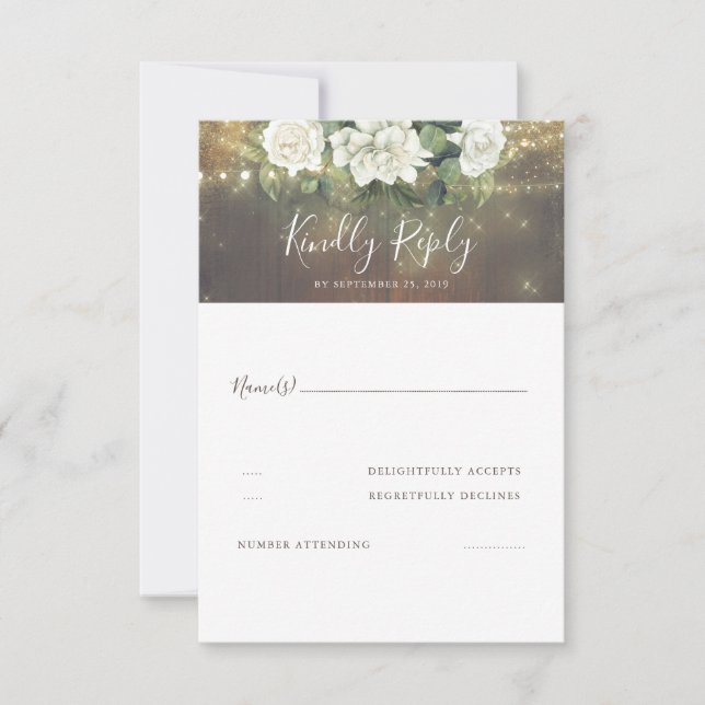 White Flowers Rustic Country Wedding RSVP Card (Front)