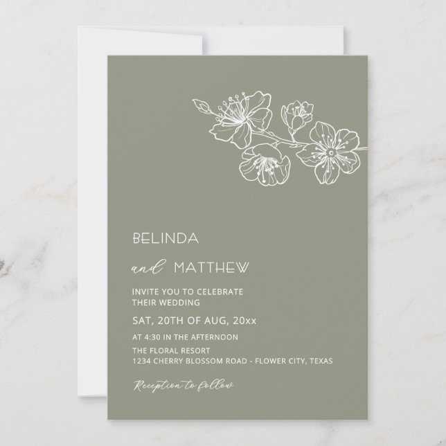  White Flowers Sage Green Casual Wedding Invitation (Front)