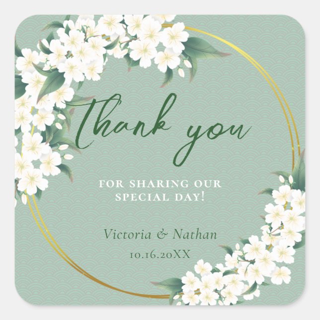 White Flowers Sage Green Cloud Pattern Gold Circle Square Sticker (Front)