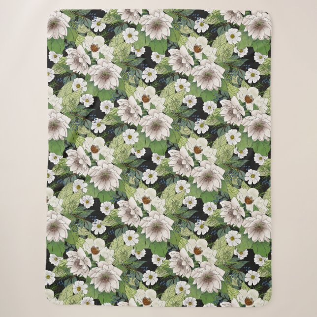 White Flowers Sherpa Blanket (Front)