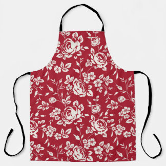 White flowers silhouette on red background. Seamle Apron