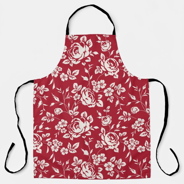 White flowers silhouette on red background. Seamle Apron (Front)
