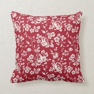 White flowers silhouette on red background. Seamle Throw Pillow