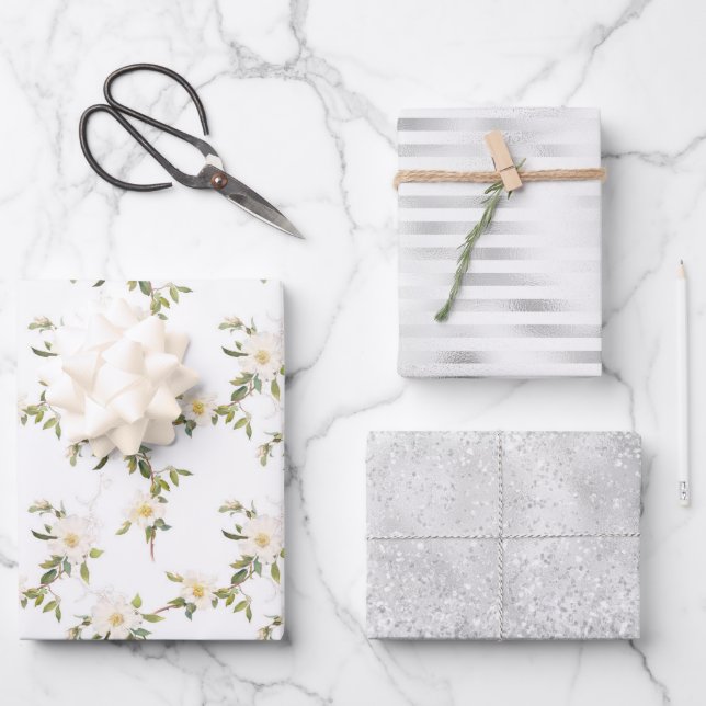 White Flowers Silver Glam Wrapping Paper Sheet (Front)