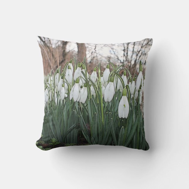 White flowers, spring snowdrops throw pillow (Front)