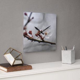 White Flowers Square Wall Clock