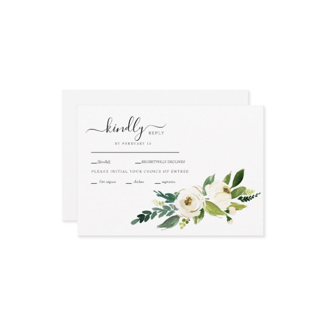 White Flowers Swash Wedding RSVP Card (Front/Back In Situ)