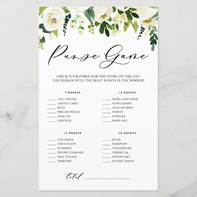 White Flowers What's In Your Purse Shower Card (Front)