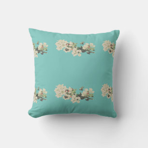 White Flowers with Bees Teal Outdoor Pillow