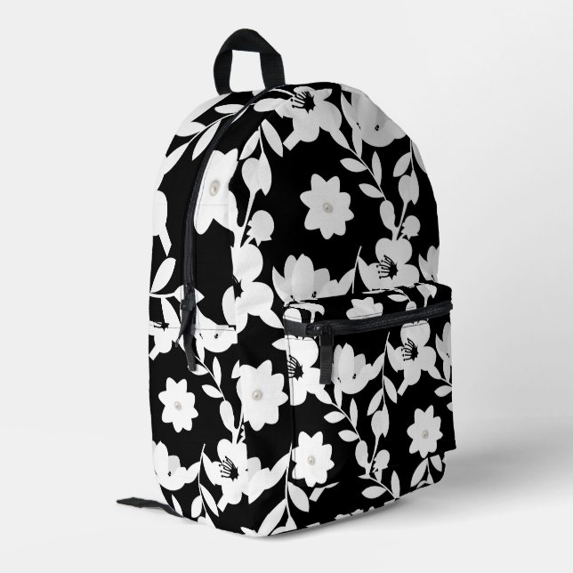 White Flowers with Pearls on Black Printed Backpack (Back Corner Left)
