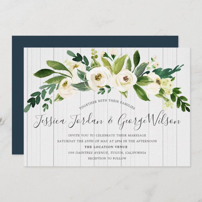 White Flowers Wood Background Wedding Invite (Front/Back)