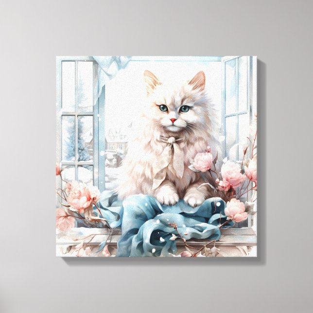 White Fluffy Blue Eyed Cat In A Window Canvas Print (Front)
