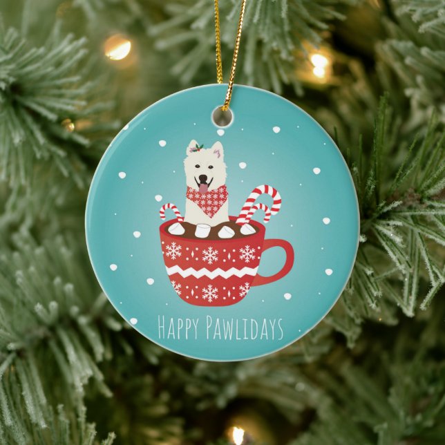 White Fluffy Dog Christmas Happy Pawlidays Ceramic Ornament (Tree)