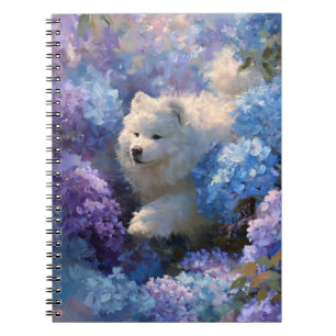 White Fluffy Dog in Hydrangea Garden Notebook