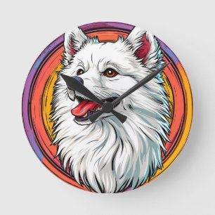 White Fluffy Dog in Vibrant Art Style Round Clock