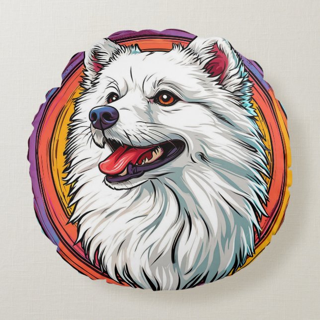 White Fluffy Dog in Vibrant Art Style Round Pillow (Front)