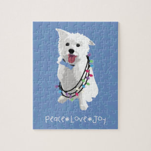 White Fluffy Dog - Peace Joy Love - Holiday Jigsaw Puzzle