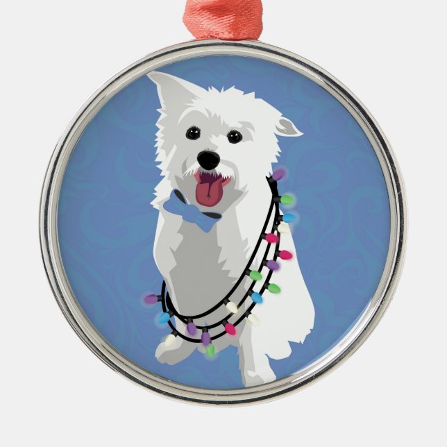 White Fluffy Dog - Peace Joy Love - Holiday Metal Ornament (Front)