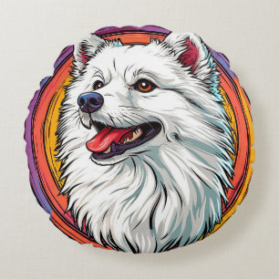 White Fluffy Dog Portrait 🐾  Artistic Style Round Pillow