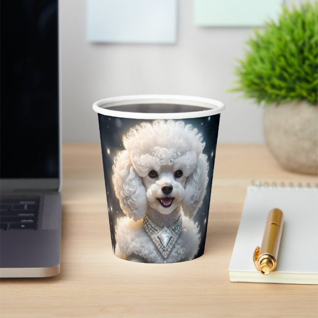 White Fluffy Poodle Wearing A Diamond Collar, Paper Cups (Insitu)