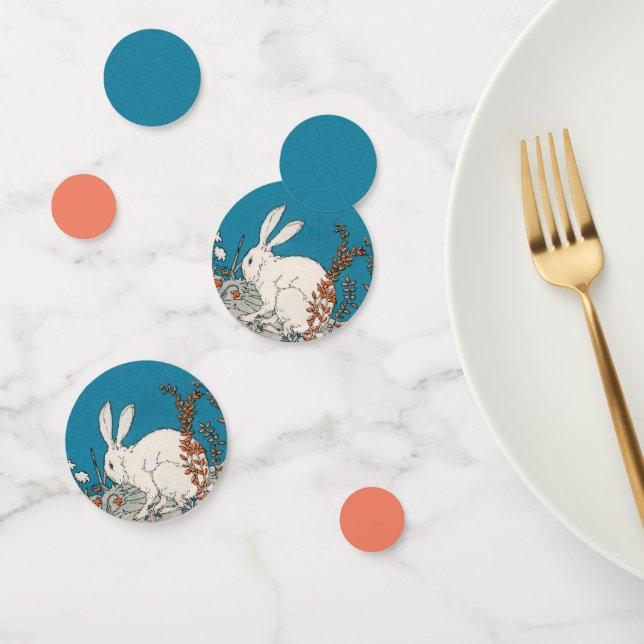 White Fluffy Rabbit Orange Flowers Blue Confetti (Group)