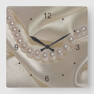 White Folded Satin and Pearls Wedding Square Wall Clock
