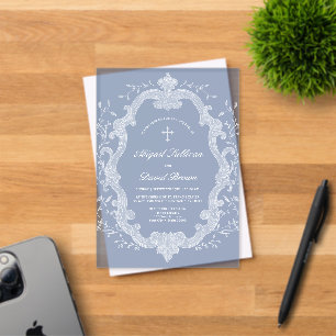 White Foliage Crest on Blue Religious Wedding Acrylic Invitations