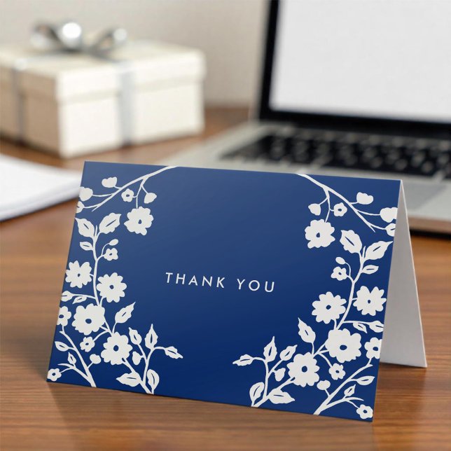 White Folk Flowers Navy Blue Thank You Custom Card (Creator Uploaded)