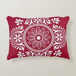 White Folk Motif on Red Background Accent Pillow