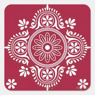 White Folk Motif on Red Background Square Sticker