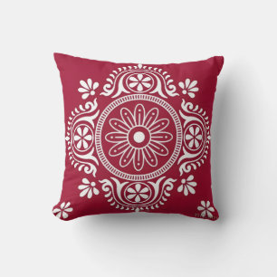 White Folk Motif on Red Background Throw Pillow