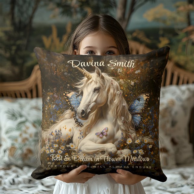 White Forest Unicorn Blue Butterfly Meadow Floral Throw Pillow (Creator Uploaded)